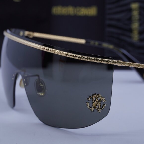 Roberto Cavalli SRC012M 0300 Shield Sunglasses – Gold\\Grey main image 6